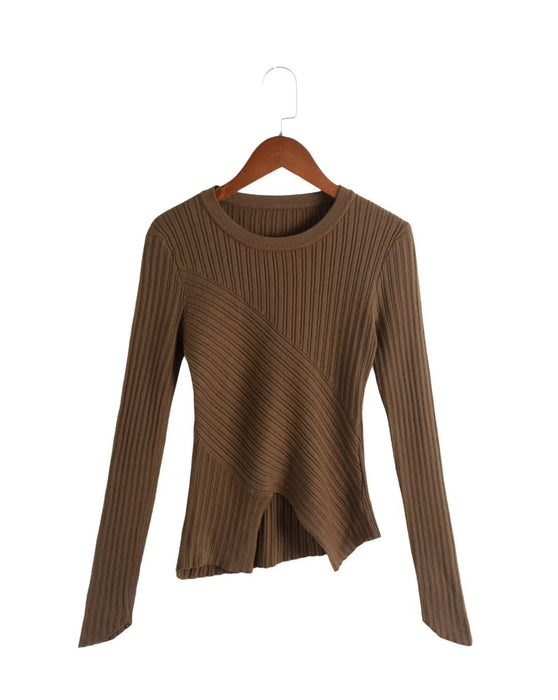 Fall Thread round Neck Pullover Inner Wear Top Solid Color Irregular Asymmetric Knitting Base Shirt for Women