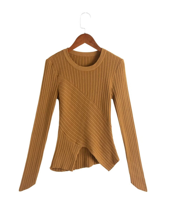 Fall Thread round Neck Pullover Inner Wear Top Solid Color Irregular Asymmetric Knitting Base Shirt for Women