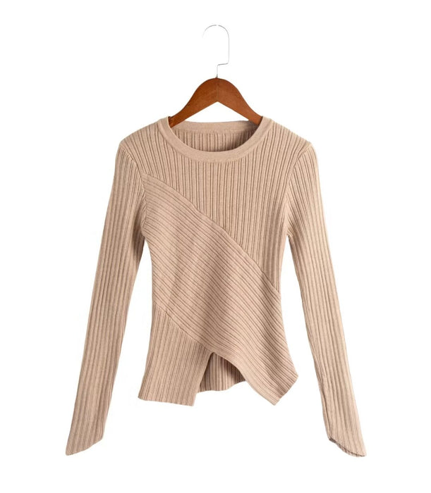 Fall Thread round Neck Pullover Inner Wear Top Solid Color Irregular Asymmetric Knitting Base Shirt for Women