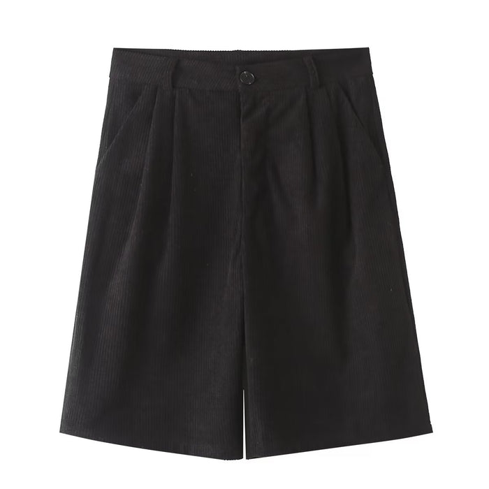 Winter Women All Match Solid Color High Waist Small Pleated Corduroy Wide Leg Casual Shorts