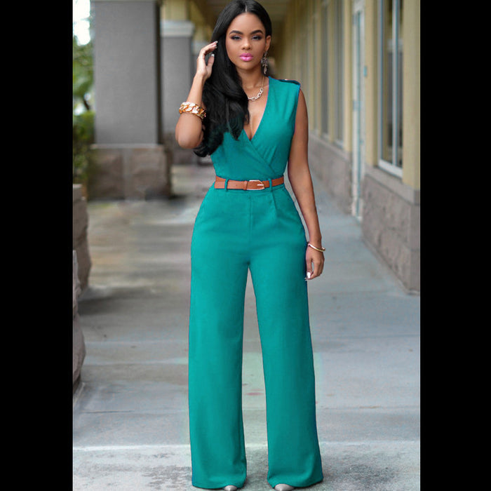 Women Clothing Sexy High Waist V neck Wide Leg  Irregular Asymmetric Suit with Belt Jumpsuit