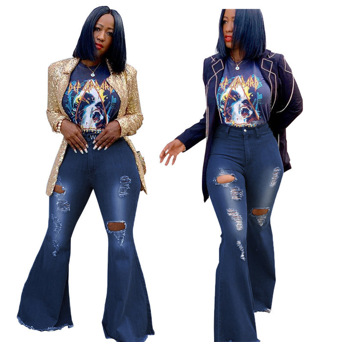 All Match Wide Leg Water Washed Hole Denim Stretch Flared Pants