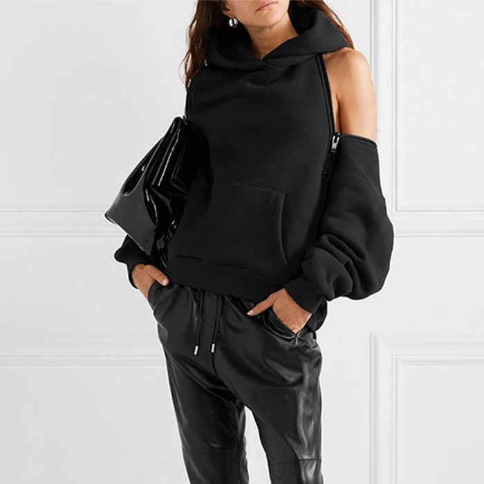 Spring Baggy Zipper Off Shoulder Top Hooded Thickened Women