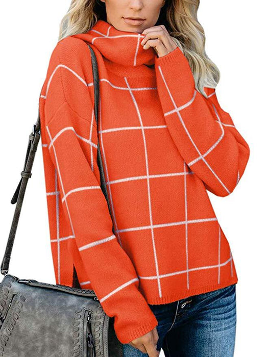 Winter Plaid Sweater Pullover Turtleneck Pullover Plaid Knitwear for Women