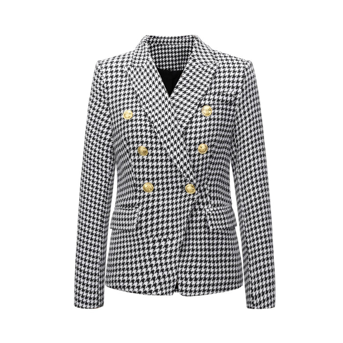 New Women  Clothes Coat Autumn Winter Small Houndstooth Fashion Short Double Breasted Coat Blazer