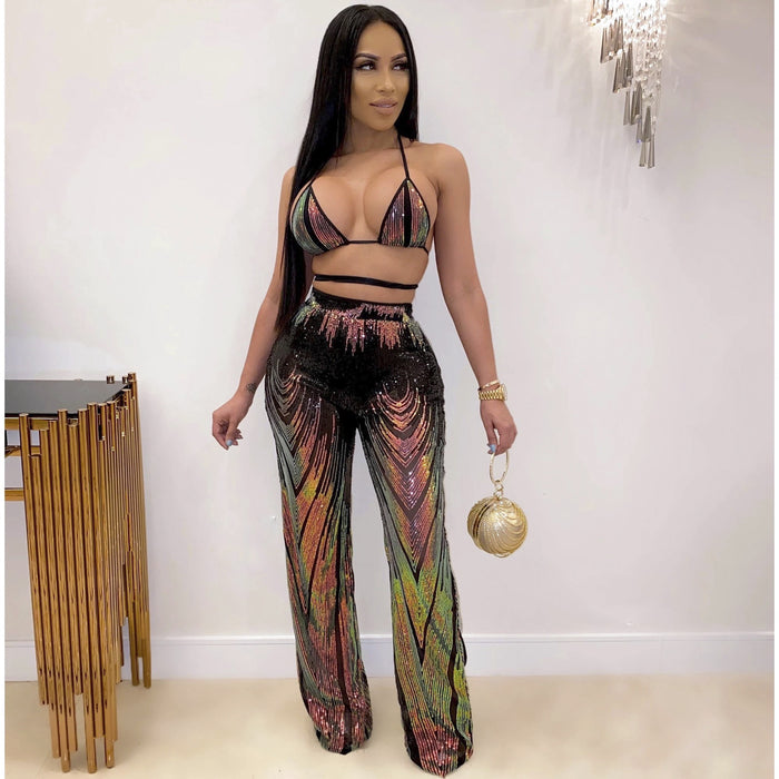 Colorful Sequined Chest Wrapped Underwear Pants Sexy Two Piece Suit