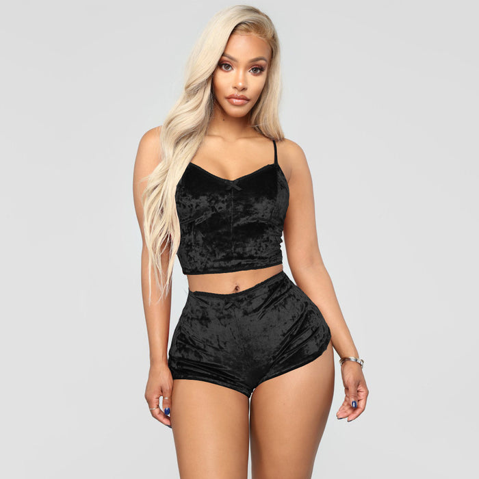 Summer Hollow Out Cutout Sexy Slim Fit Velvet Lace Two Piece Set Shorts Club Wear