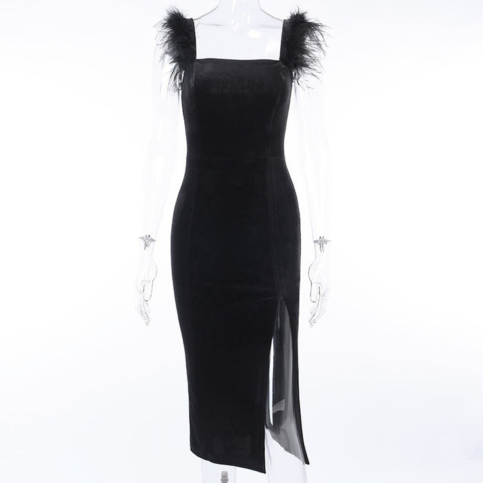 Furry Vest Korean Velvet Dress Women Autumn Winter Sexy Backless Split Socialite Dress