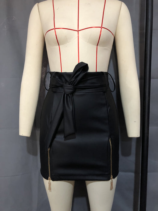 Leather Skirt Faux Leather Sexy Lace-up Zipper High Waist Sheath Skirt