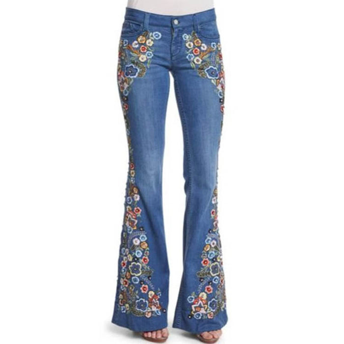 Women Jeans Embroidered Slim Fit Slimming Washed Bell-Bottom Pants Jeans for Women