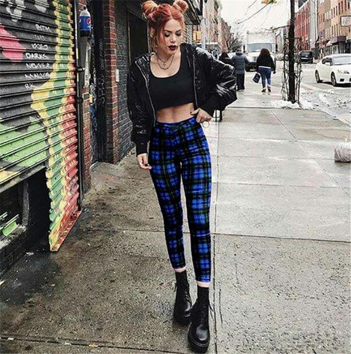 Popular Plaid High Waist Leggings Women Casual Pants Stretch Feet Pants Pencil Pants