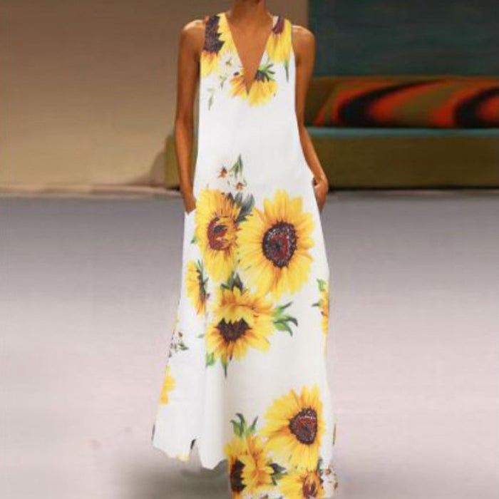 Popular Women Bohemian Printed Sunflower Dress V-neck Sleeveless Pocket Summer Daisy Dress