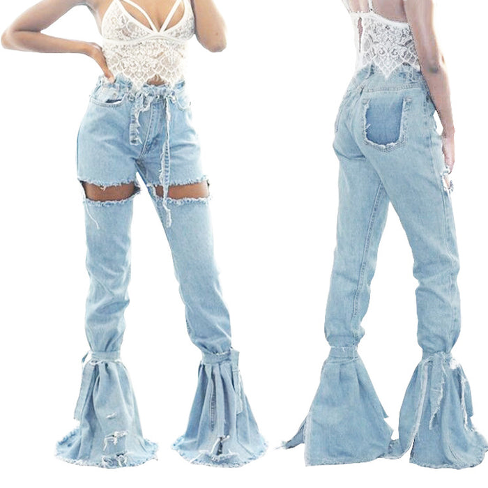 Broken Holes Pants Foot Strap Stitching Denim Washed Bell Bottom Pants