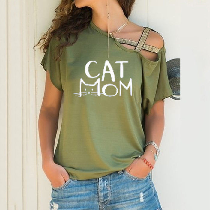 Summer Casual Criss Cross Irregular Asymmetric Short Sleeve Women Printed Wear T-shirt for Women