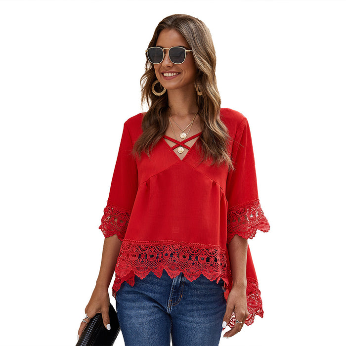 Summer Chiffon Shirt Half Sleeve Lace Cut-out Ruffles Loose Chiffon Blouses for Women