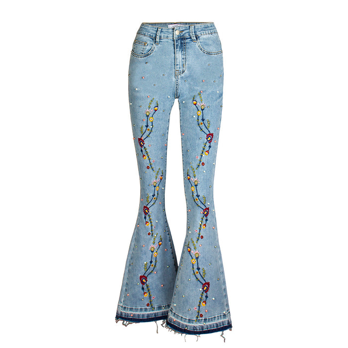 Women  Wide-Leg Jeans Embroidered Flared Jeans Women Pants