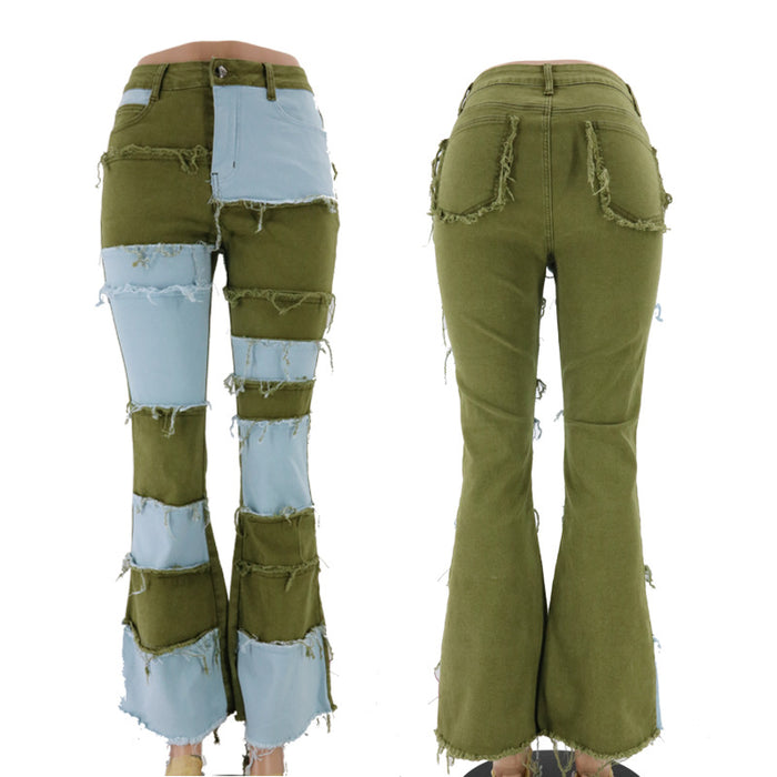 Spring New Big  Fashion Stitching High Waist Tight Hip Horn Women Denim Trousers