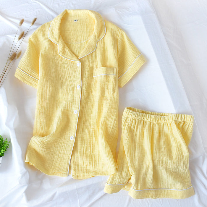 Cotton Double Layer Gauze Washed Crepe Monochrome Short Sleeved Shorts Pajamas Suit Women Collared plus Size Homewear