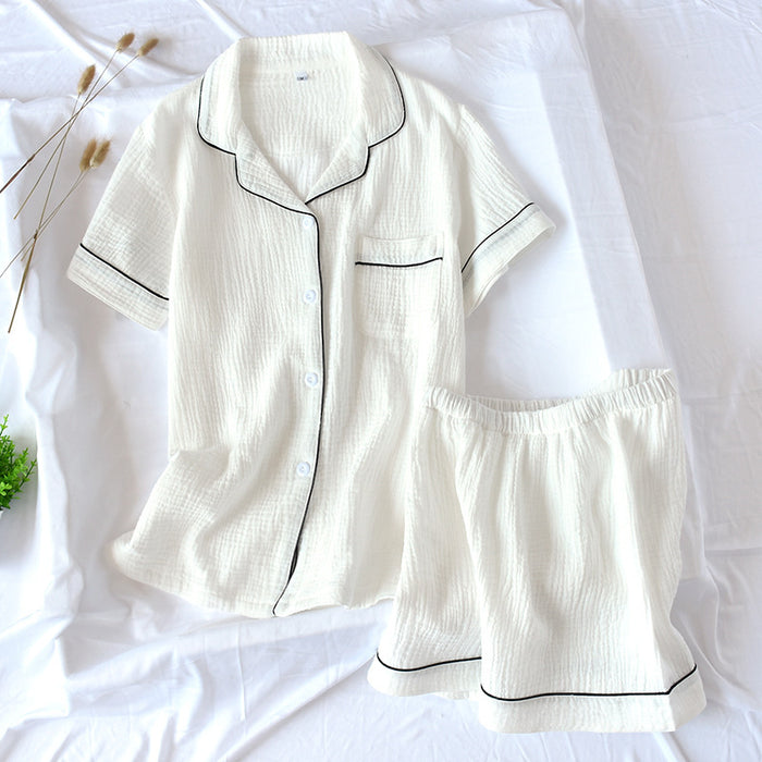 Cotton Double Layer Gauze Washed Crepe Monochrome Short Sleeved Shorts Pajamas Suit Women Collared plus Size Homewear