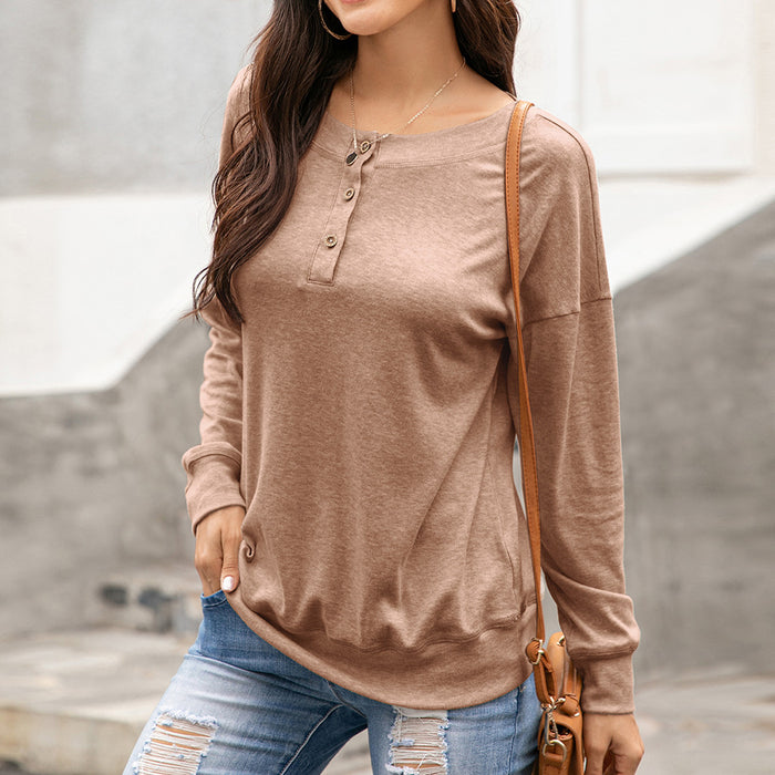 Autumn Winter round Neck Button Long Sleeve T shirt Casual Pullover Loose Top for Women