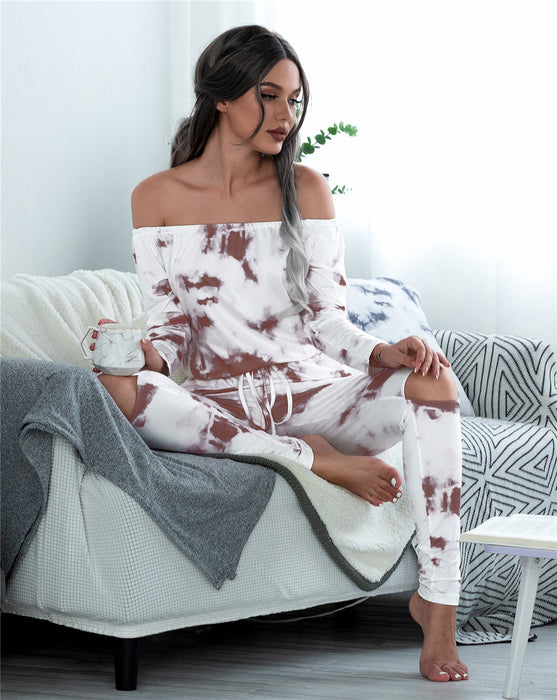 Fall Long Sleeve off Shoulder Lace up Pocket Ripped Tie Dye Jumpsuit