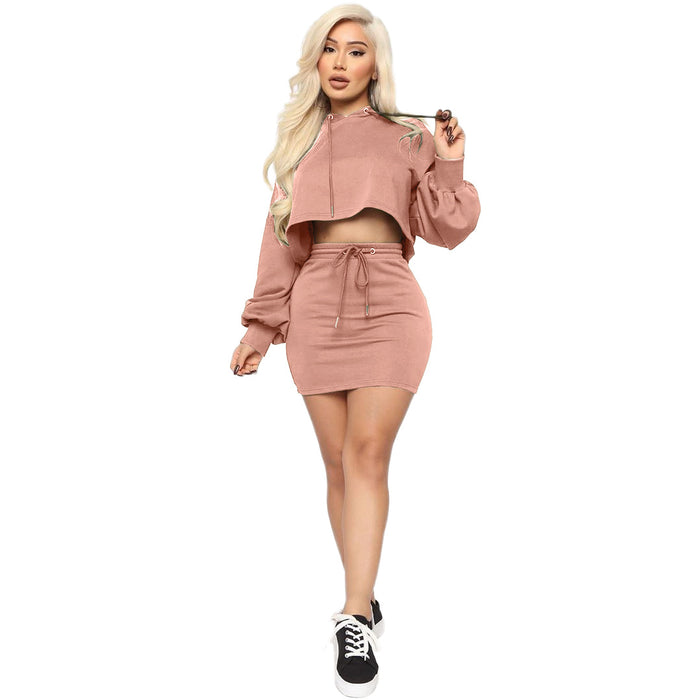 Women Clothing Nightclub Uniforms Sexy Hooded Lace-up Solid Color Skirt Set Two-Piece Set