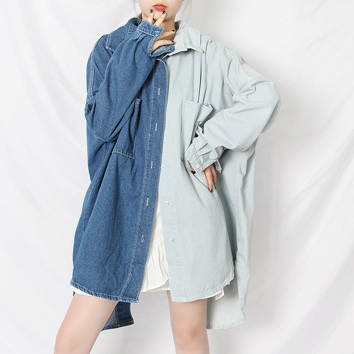 Spring Korean Casual Polo Collar Single Breasted Contrast Color Loose Batwing Long Sleeve Denim Trench Coat