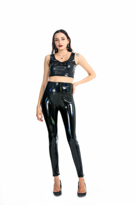 Adhesive Mirror High Elastic Leggings Faux Leather High Waist Pearlescent Colorful Red Black Women Trousers