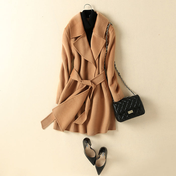 Fall Winter Popular Lace-up Double-Sided Cashmere Wool Coat Women Korean-Style Mid-Length Slim Fit Slimming