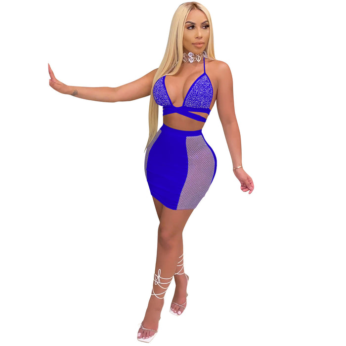 New Fashion Nightclub Skirt Drilling Criss Cross Strap Backless Two Piece Set