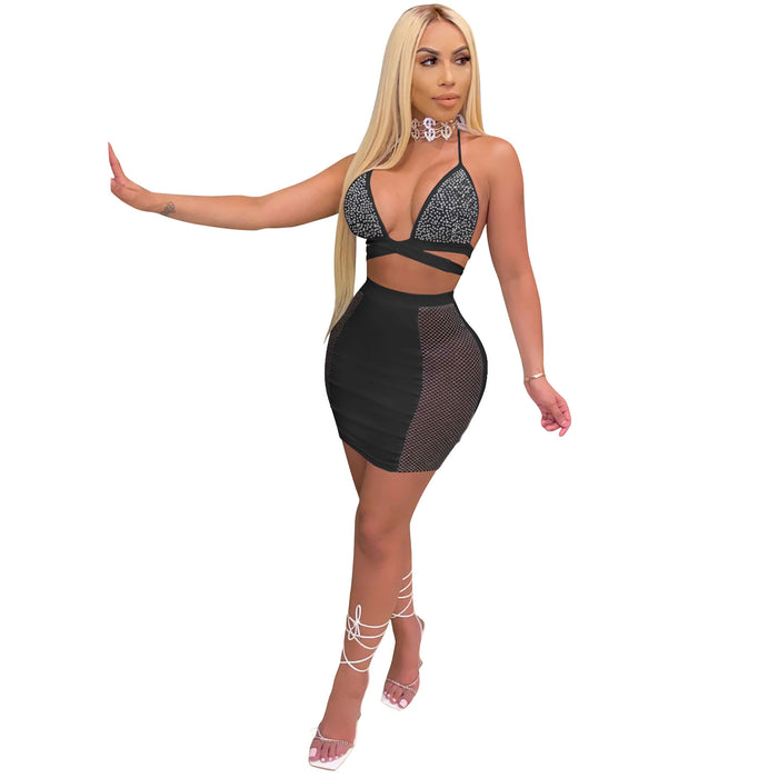 New Fashion Nightclub Skirt Drilling Criss Cross Strap Backless Two Piece Set