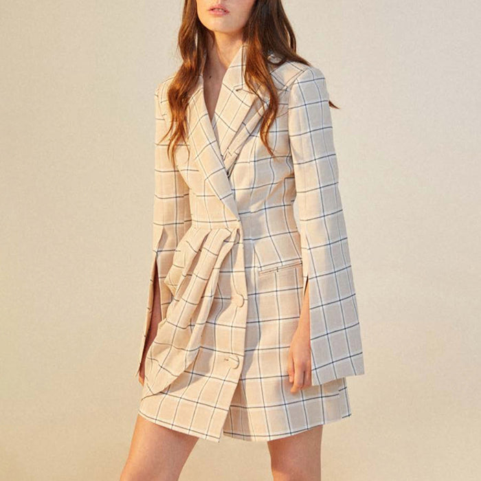 Women  Design Dress Autumn Waist-Controlled Slimming Long Sleeve Pleated Asymmetric Plaid Blazer Dress