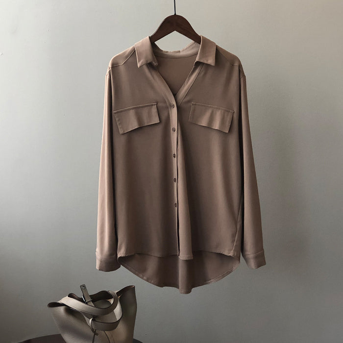 Spring Korean Retro Simple Shirt Women Solid Color Elegant Slim-Fit Long Sleeves Shirt Women