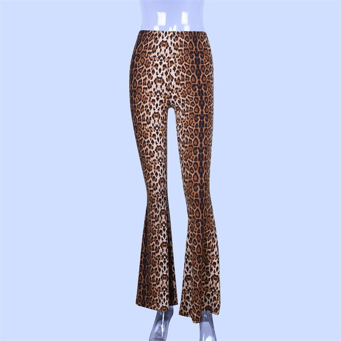 Spring Summer Women Clothing  Leopard Print High Waist Base Bell-Bottom Pants