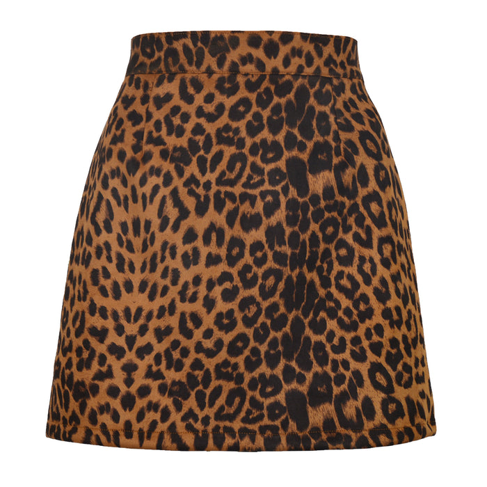 Women Suede Hip Skirt Sexy Leopard Print High Waist Zipper Autumn Winter A- line Skirt Women