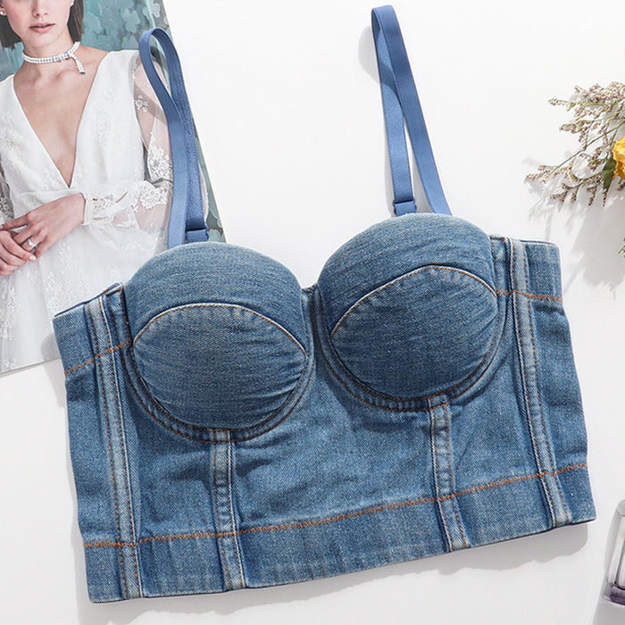 Denim Camisole Women Beauty Back Cropped Free Underwear Outer Wear Boning Corset Top All Match Nightclub Disco Tube Top