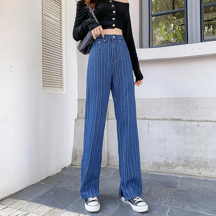 Striped Wide Leg Pants Denim Women Fashionable High Waist Loose High Rise Slimming Casual Pants