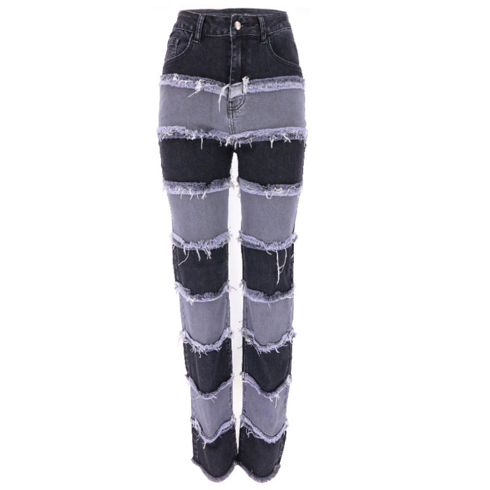 High Waist Tight High Elasticity Stitching Wide-leg Pants Women Denim Trousers