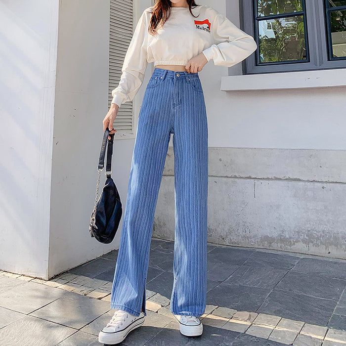 Striped Wide Leg Pants Denim Women Fashionable High Waist Loose High Rise Slimming Casual Pants