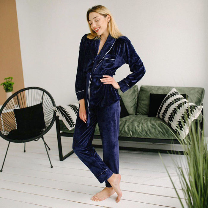 Autumn Winter Ladies Homewear Long Sleeve Nightgown Gold Velvet Suit Cardigan Thickened Warm Pajamas