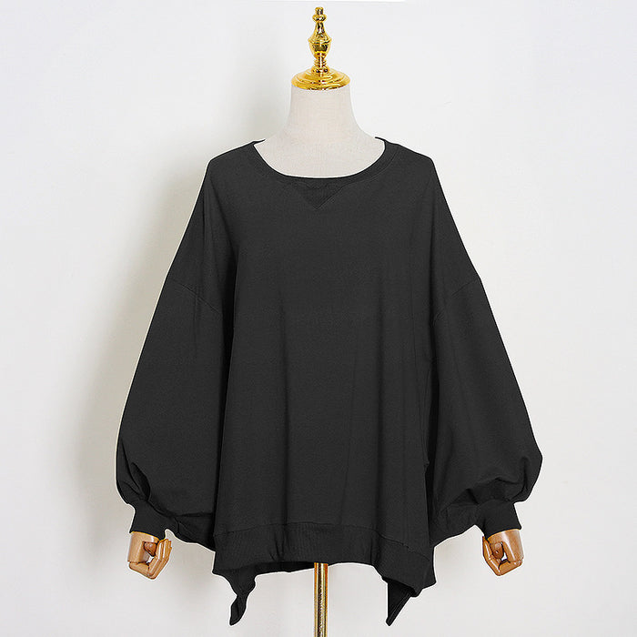 Spring Korean round Neck Bat Lantern Sleeve Cape Long Velvet Lining Hem Irregular Asymmetric Hoodie