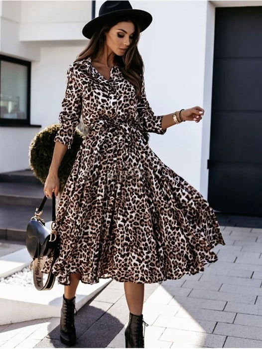 Autumn Winter Long Sleeve V-neck Fashion Leopard Print Dress Large Swing Dress