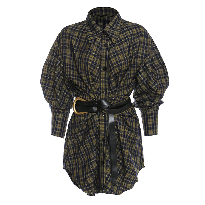 Autumn Winter Plaid Shirt Women Loose Korean Retro with Belt Mid Length Shirt Dress Top