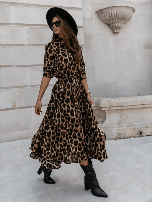 Autumn Winter Long Sleeve V-neck Fashion Leopard Print Dress Large Swing Dress