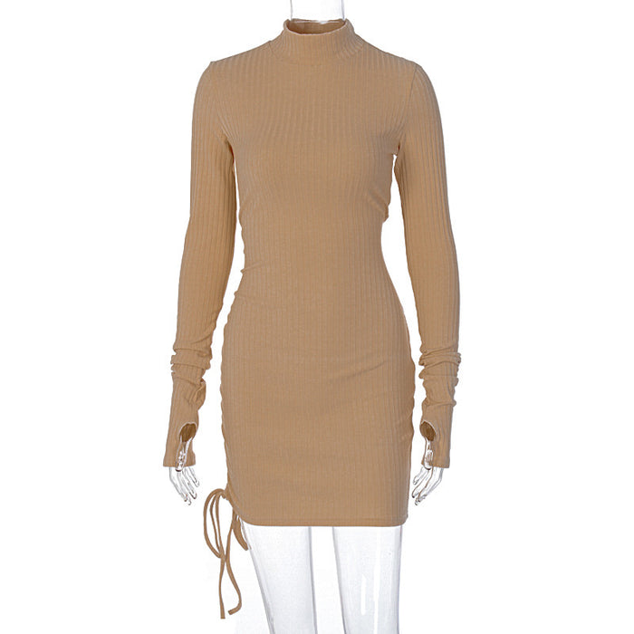 Turtleneck Slim Dress Autumn Winter Women Clothing Drawstring Slimming Sheath Dress