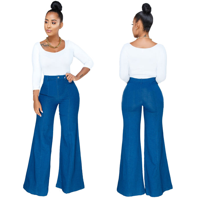 High Waist Loose Simple Wide Leg Solid Color Stretch Jeans