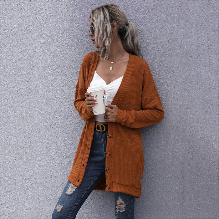 Autumn Long Sleeves Outerwear Knitted V neck Cardigan Sweater Coat for Women