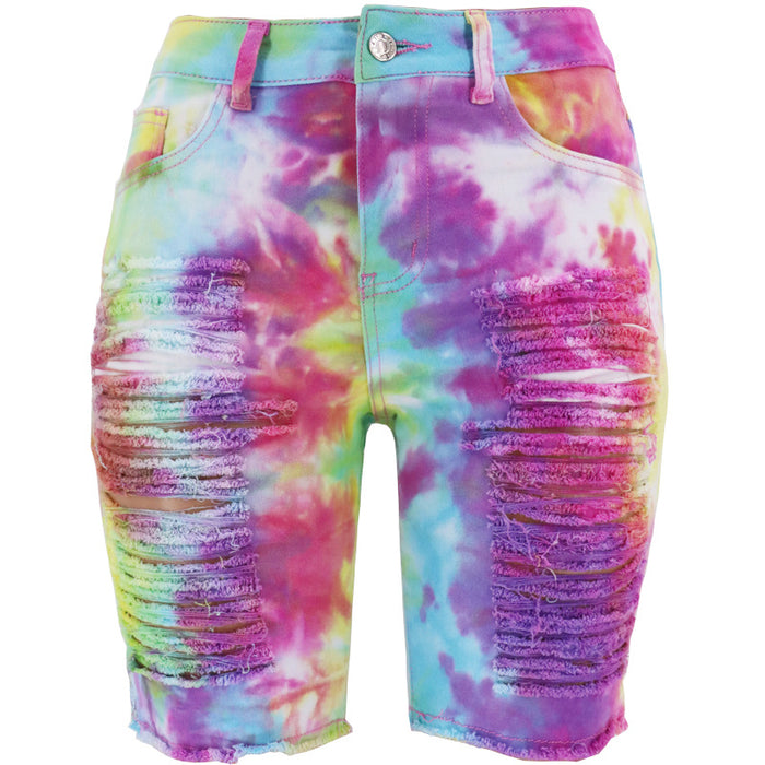 Summer Women Clothing High Waist Tie-Dyed Ripped Denim Pants