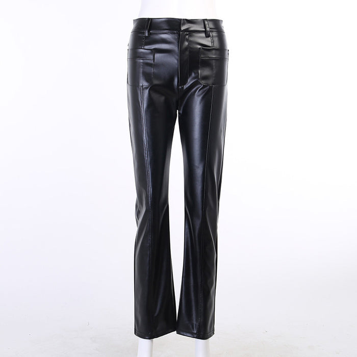 Fashion Design Double Pocket Length Leather Pants Sexy Slim Pocket Faux Leather Pants Women