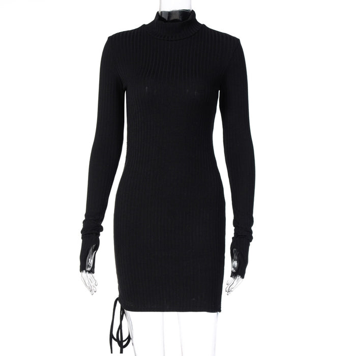 Turtleneck Slim Dress Autumn Winter Women Clothing Drawstring Slimming Sheath Dress